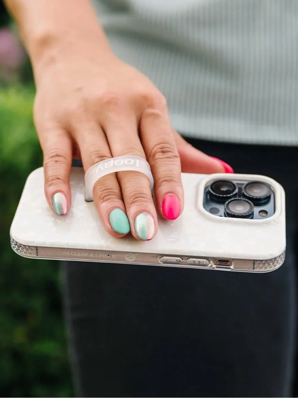 iPhone 15 Loopy Case White Opal Shell Iridescent Pearl Phone Case with Loop